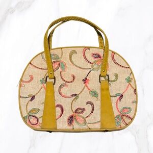 Vintage Embroidered Canvas Dome Purse w/ Suede Handles